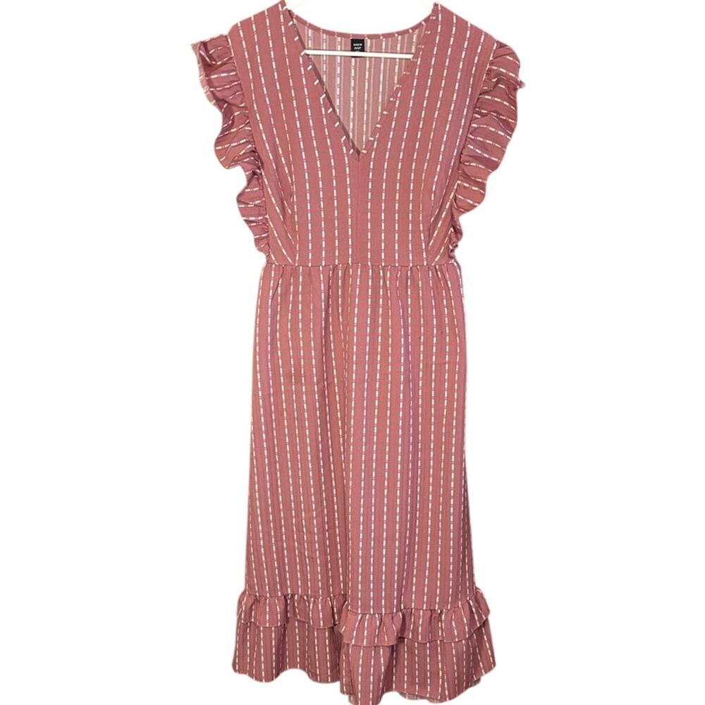 Womens Dusty Rose Stripe Ruffle Sleeve Midi Dress Plus Size 2XL Boho Cottagecore
